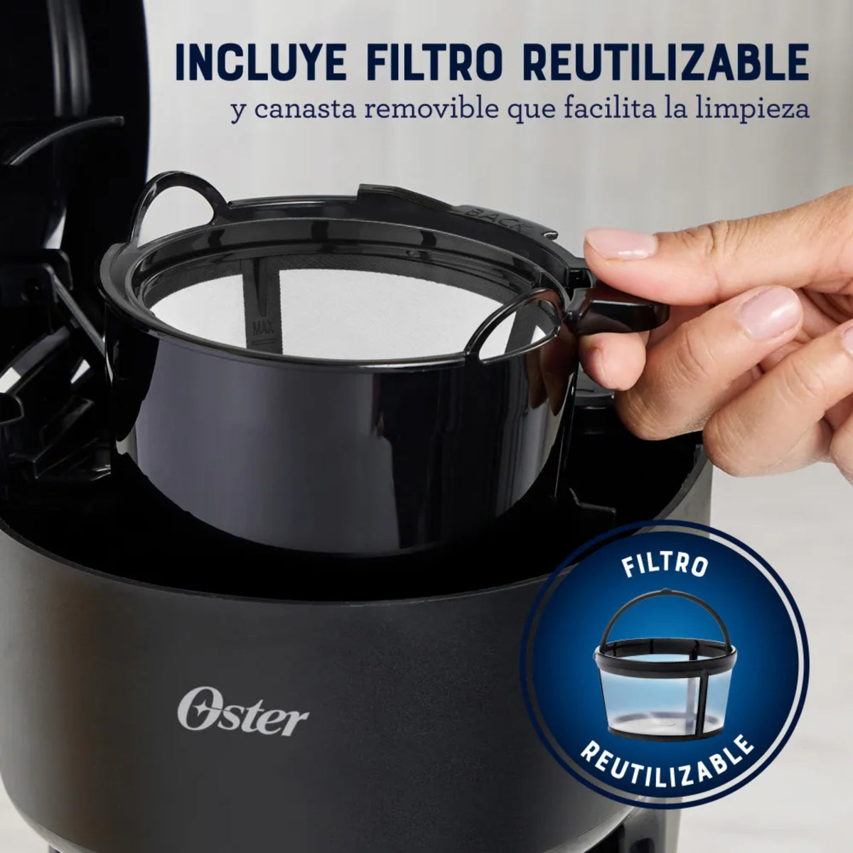 Cafetera Oster 5 Tazas – Filtro Reutilizable y Pausa para Servir