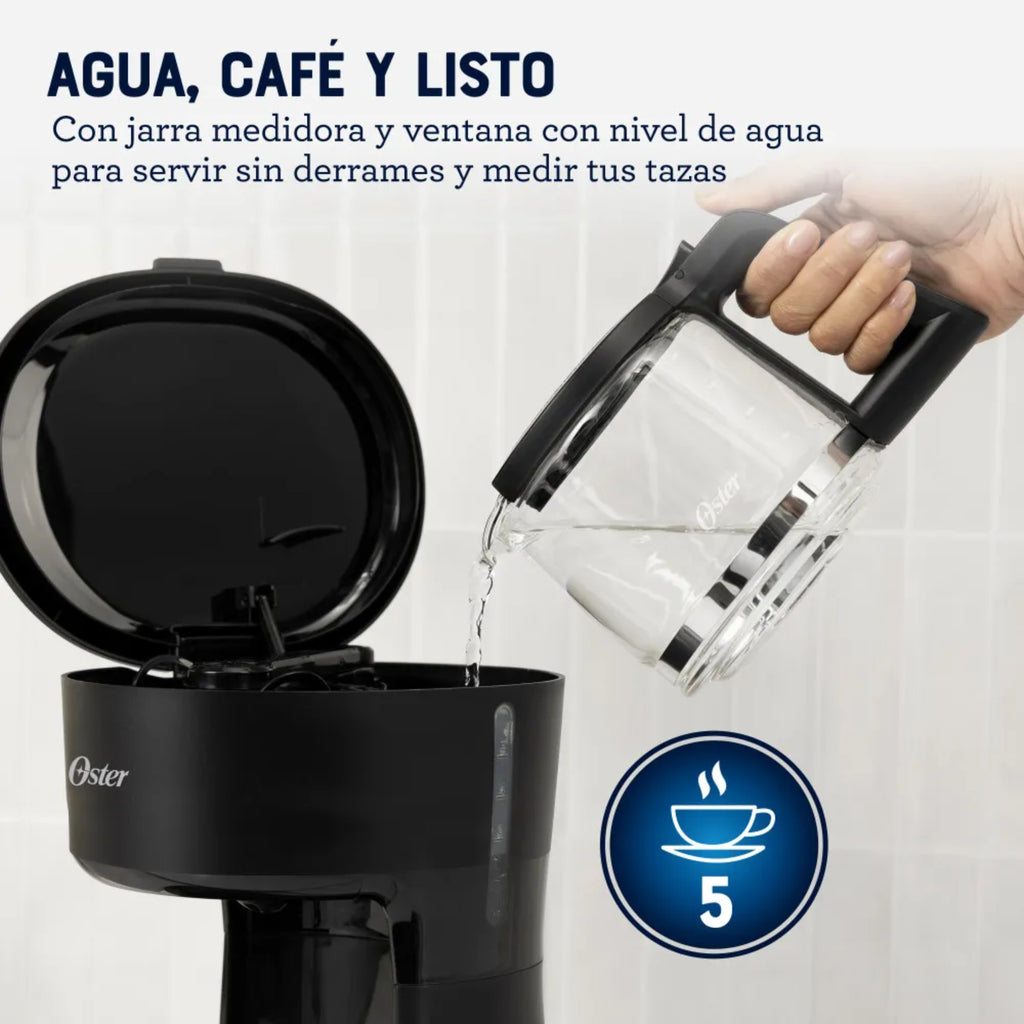 Cafetera Oster 5 Tazas – Filtro Reutilizable y Pausa para Servir