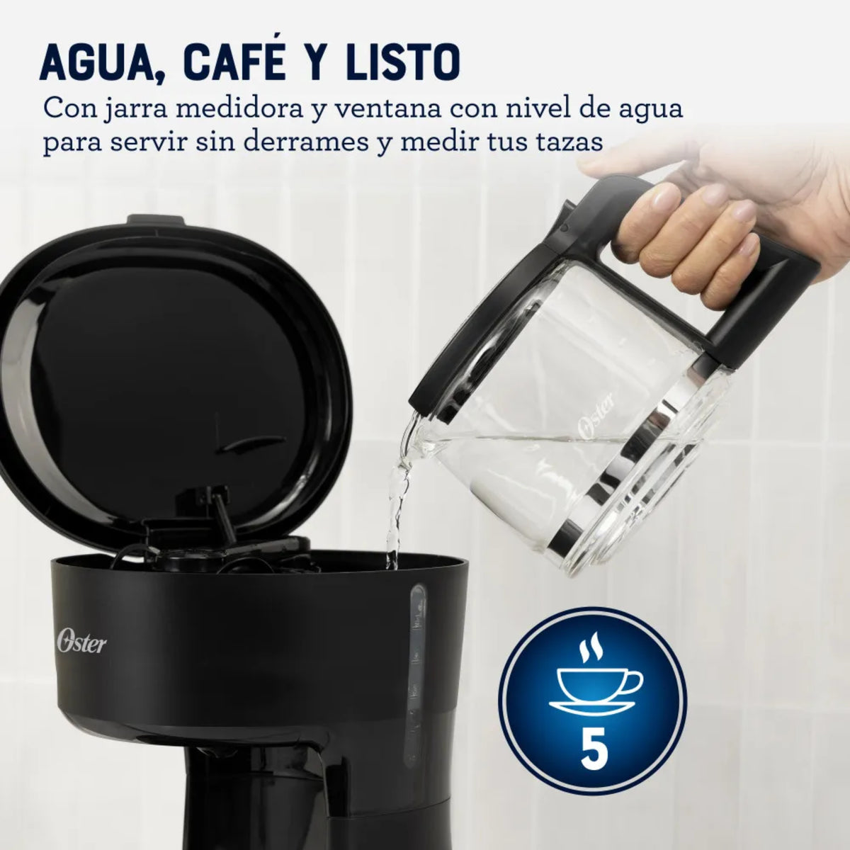 Cafetera Oster 5 Tazas – Filtro Reutilizable y Pausa para Servir