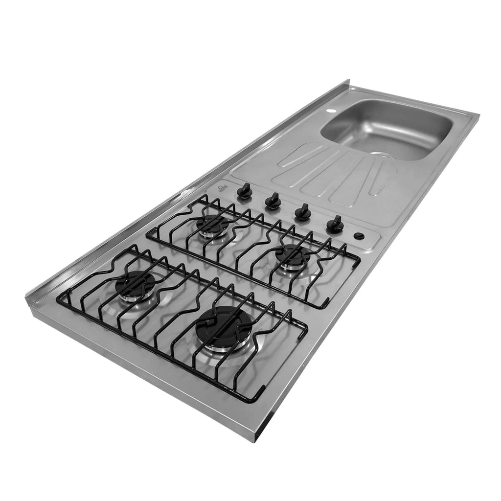 Mesón en Acero Inoxidable Poceta Derecha Monocontrol 150X50 con Estufa 4 Puestos