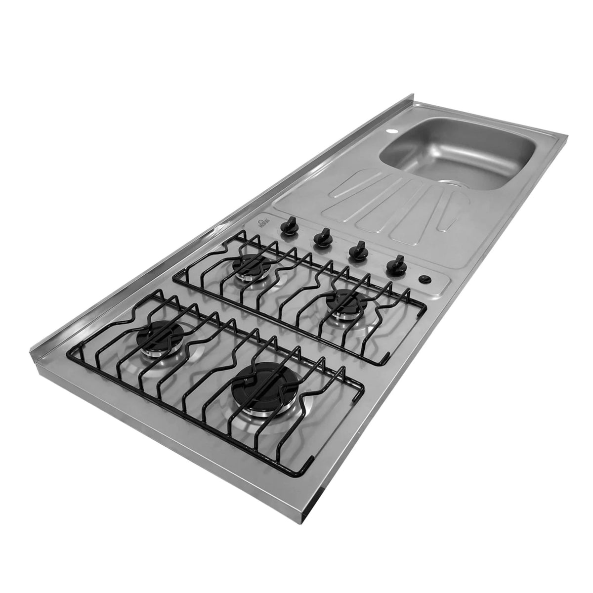 Mesón en Acero Inoxidable Poceta Derecha Monocontrol 150X50 con Estufa 4 Puestos