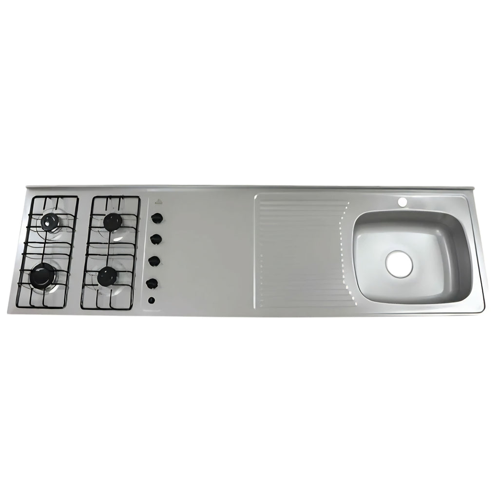 Mesón en Acero Inoxidable Poceta Derecha Monocontrol 180X50 con Estufa 4 Puestos