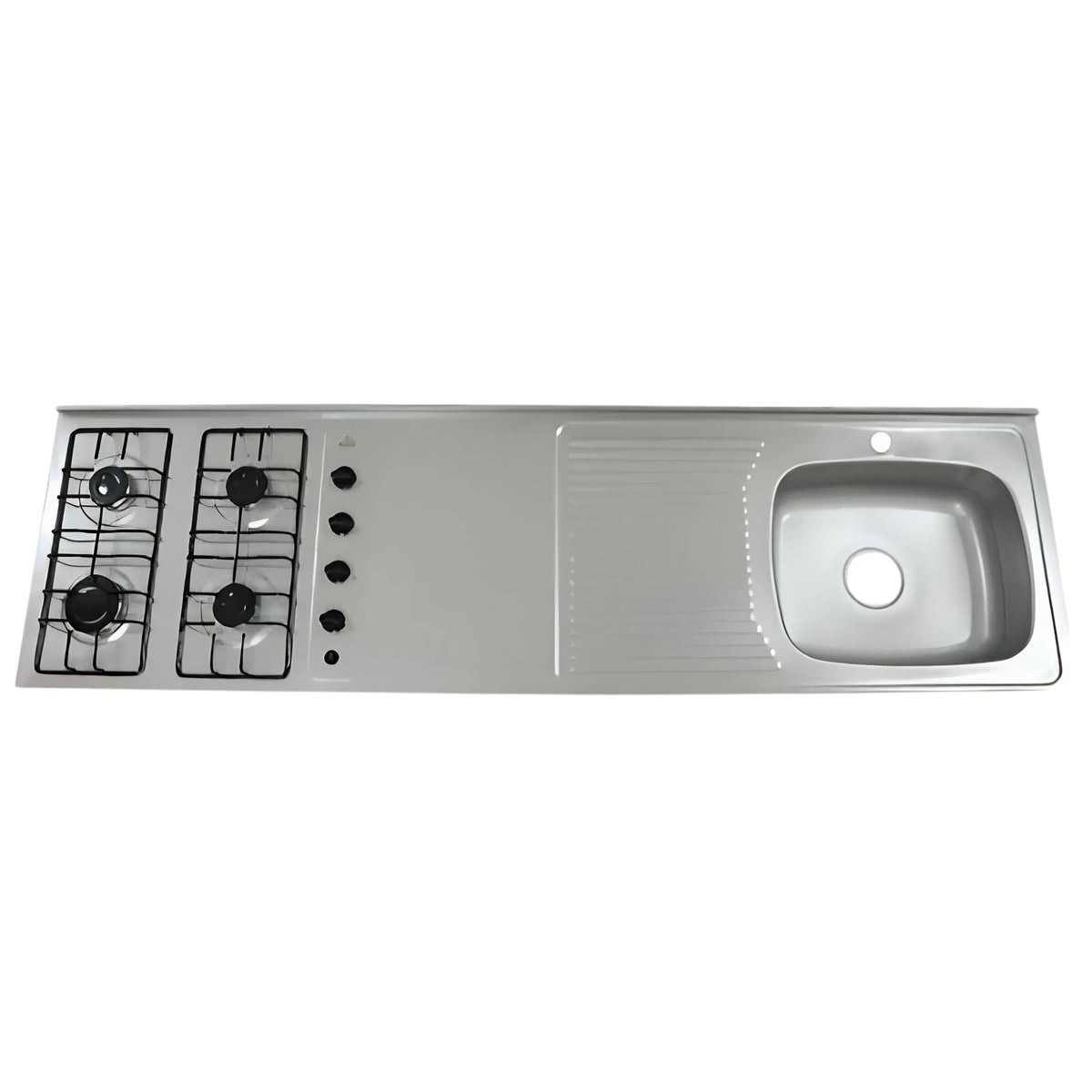 Mesón en Acero Inoxidable Poceta Derecha Monocontrol 180X50 con Estufa 4 Puestos