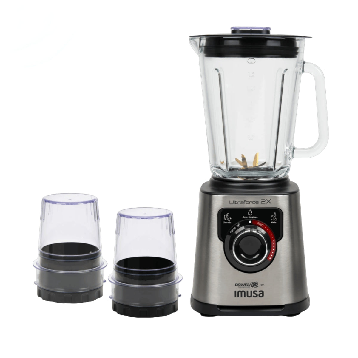 Licuadora Imusa Ultraforce 2X 1100W Vaso de Vidrio 2L con Picatodo y Molino