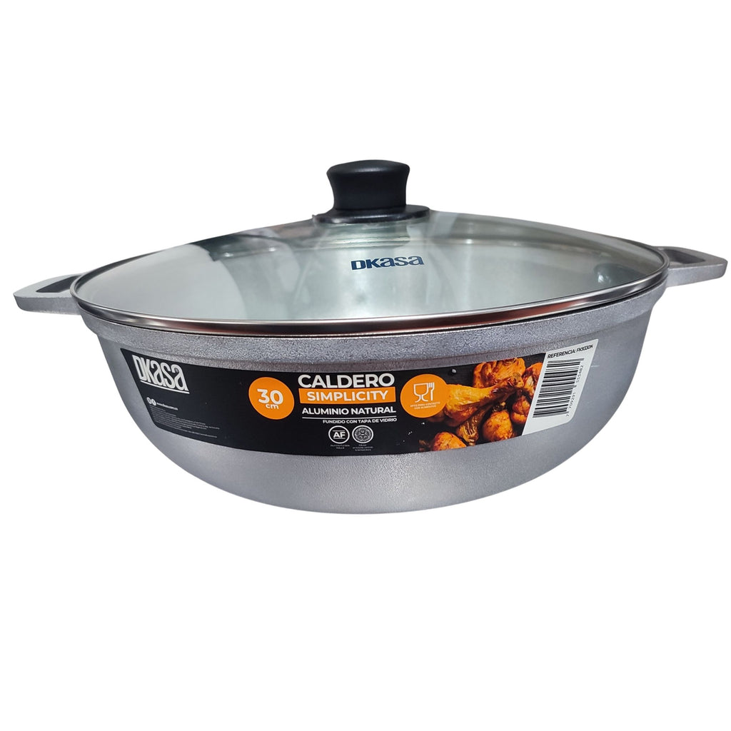 Caldero Dkasa Aluminio Natural 30CM con Tapa de Vidrio
