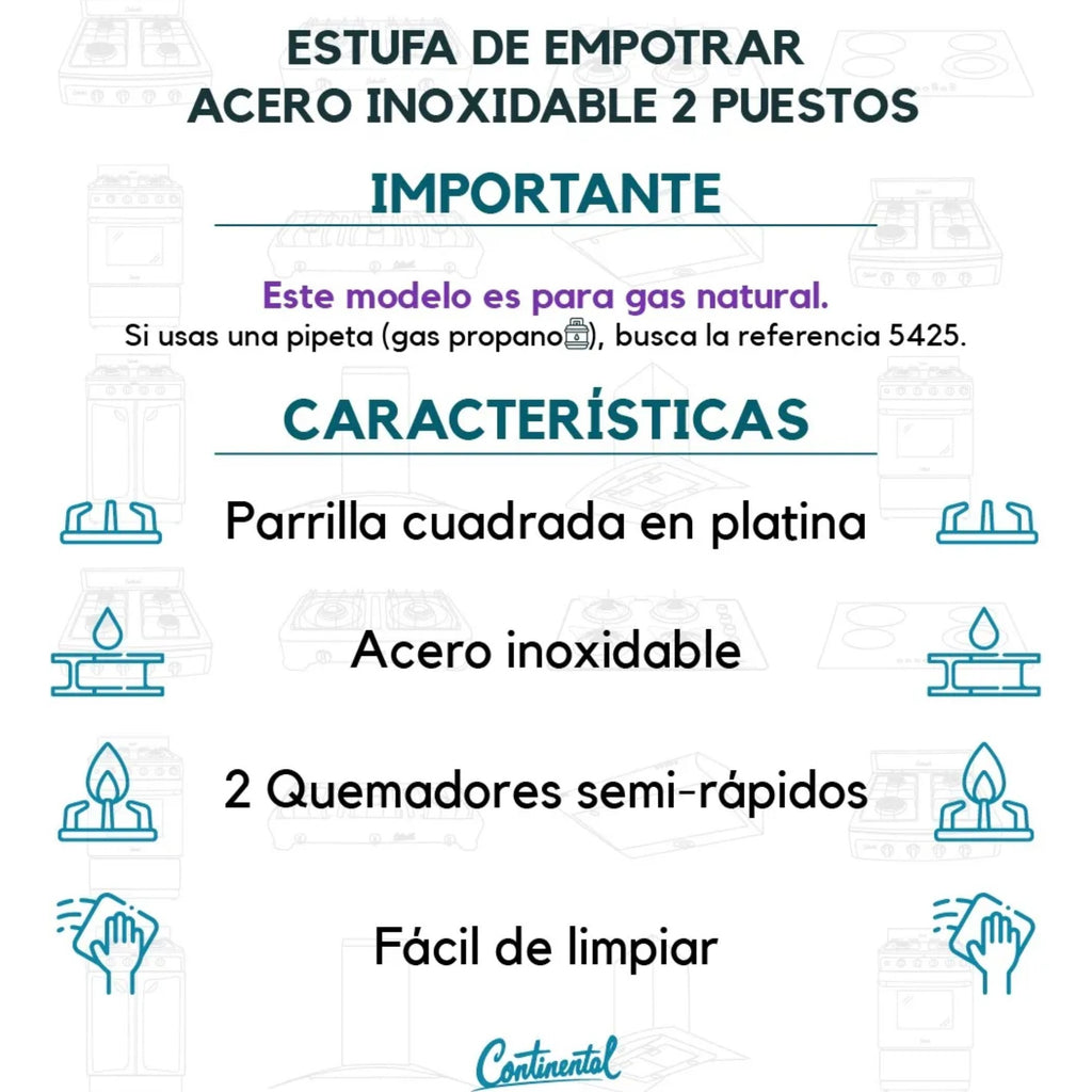 Estufa Continental de Empotrar 2 Puestos Acero Inoxidable Encendido Eléctrico