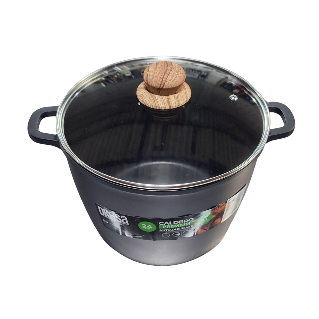 Caldero Dkasa Antiadherente Alto Marmolizado con Tapa de Vidrio 24 CM