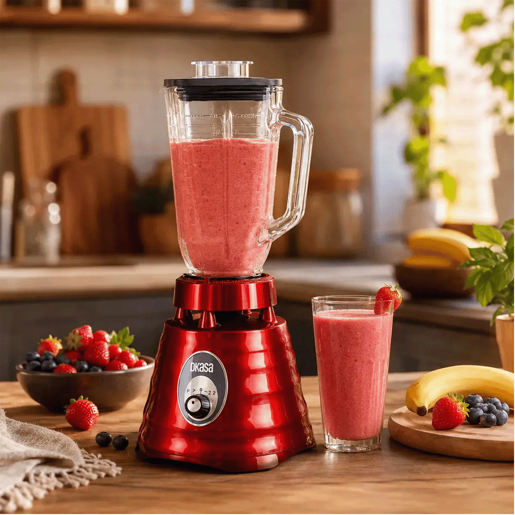 LICUADORA DKASA 600W VASO DE VIDRIO 1.25L 3 VELOCIDADES ROJA
