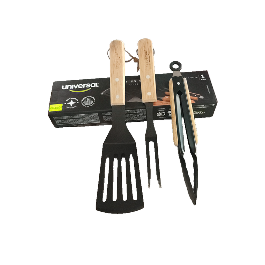 Set X3 BBQ Universal – Pinzas, Tenedor y Espátula con Mangos en Madera