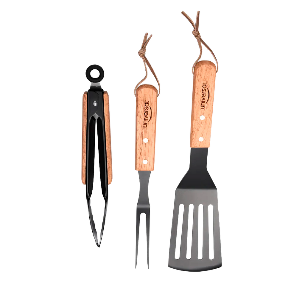 Set X3 BBQ Universal – Pinzas, Tenedor y Espátula con Mangos en Madera