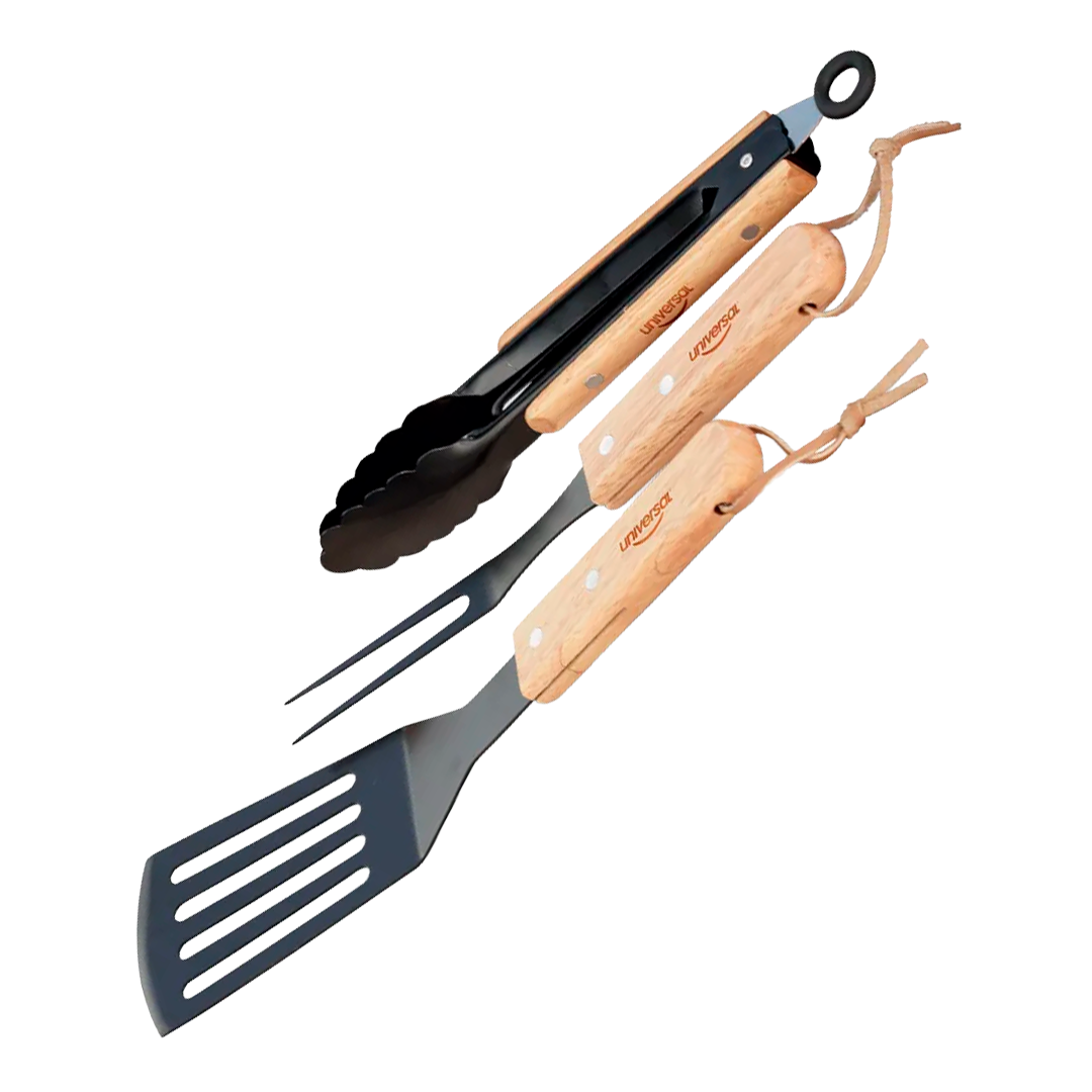 Set X3 BBQ Universal – Pinzas, Tenedor y Espátula con Mangos en Madera